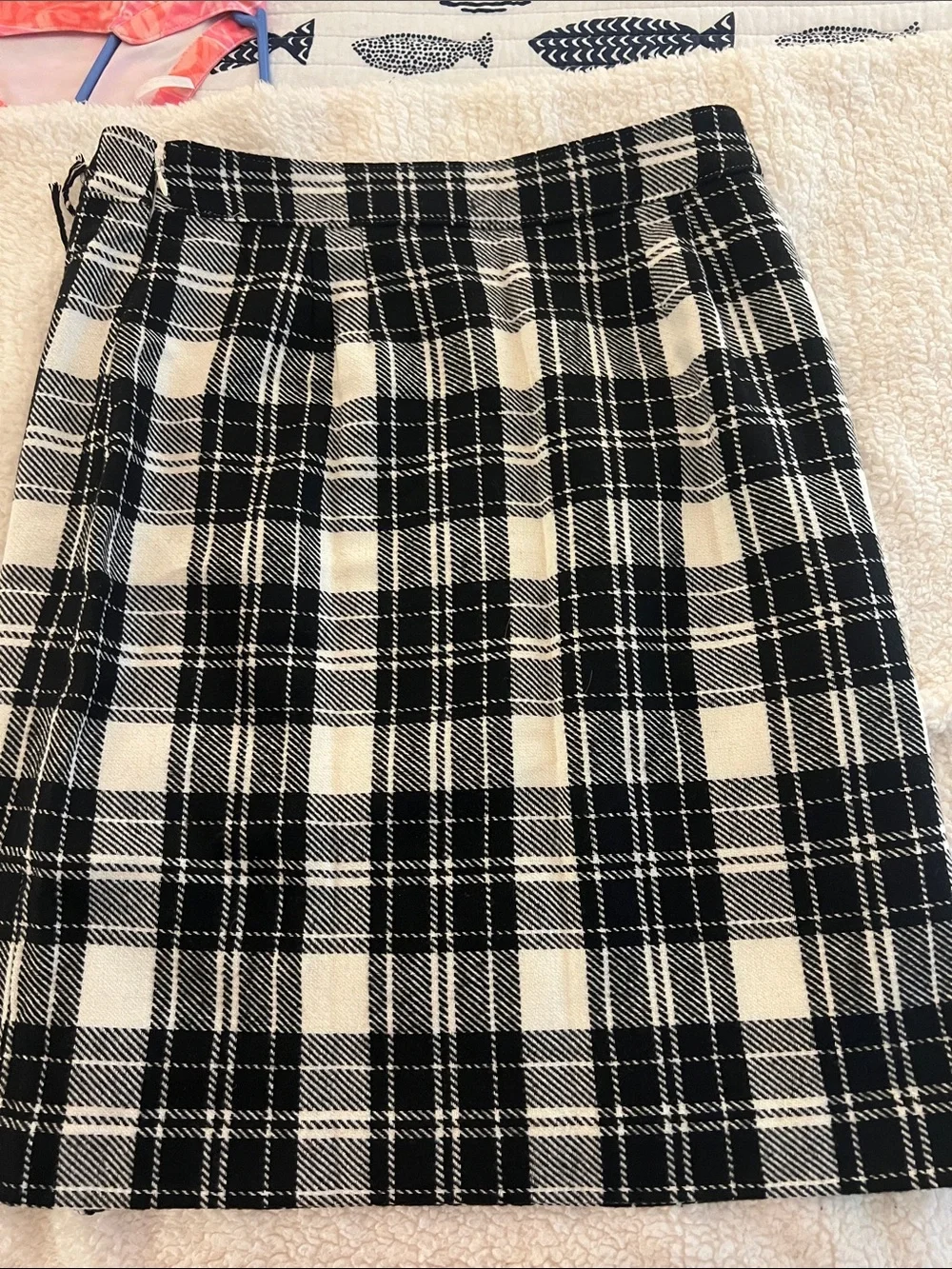 Talbots Black & White Plaid Fringe Wrap knee length Skirt